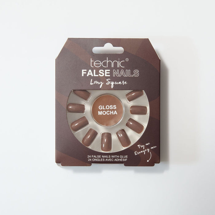 Gloss mocha long square nails in a brown patterned box on a white background