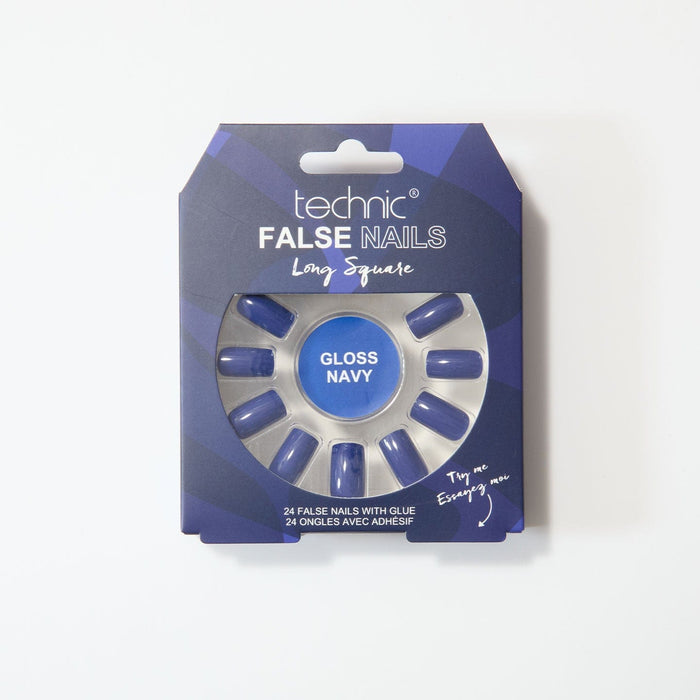 Gloss navy long square nails in a dark blue box on a white background.