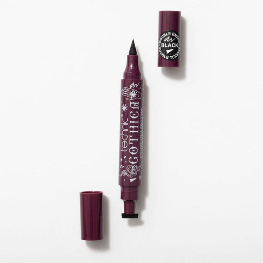 Open plum Technic Gothica eyeliner pen revealing felt tip and foam stamp