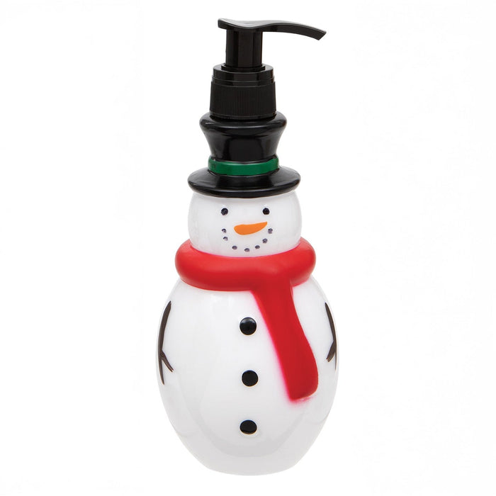 Snowman shaped hand lotion bottle with black pump dispenser