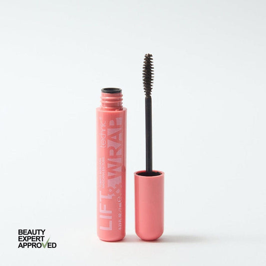 Open coral-pink Technic mascara tube showing tapered wand brush detail