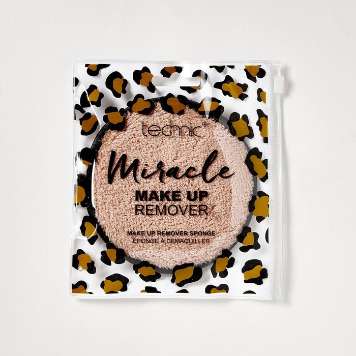 A miracle makeup remover in its leopard print zip bag packaging on a white background.
