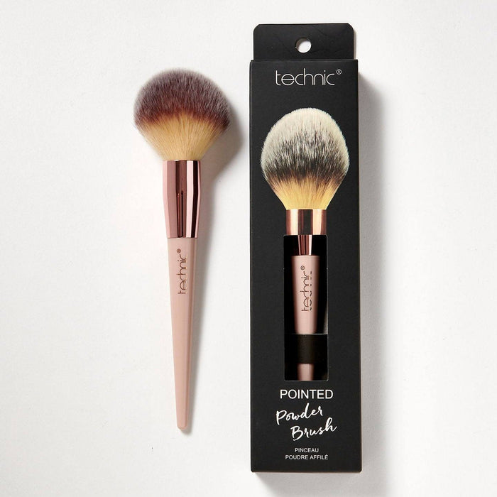 Technic Pointed Powder Brush with rose gold ferrule and gradient bristles in matte pink packaging