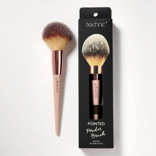 Technic Pointed Powder Brush with rose gold ferrule and gradient bristles in matte pink packaging
