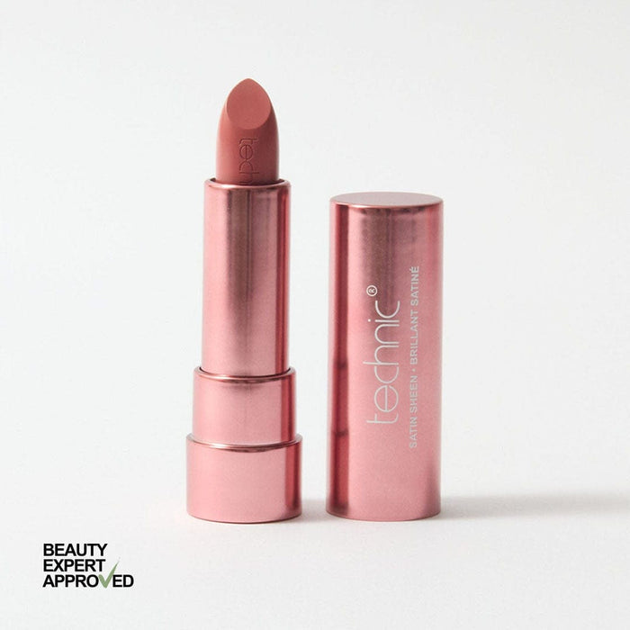 Open Technic Satin Sheen Lipstick in nude-brown shade with metallic rose-pink tube