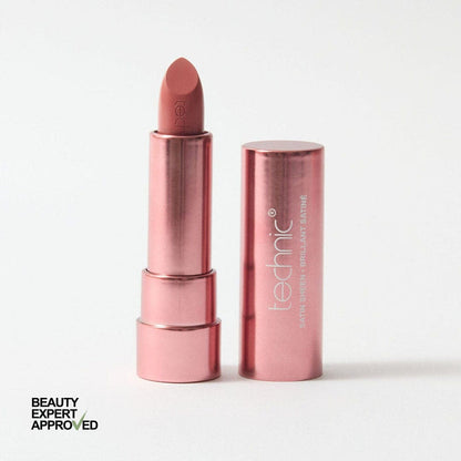 Open Technic Satin Sheen Lipstick in nude-brown shade with metallic rose-pink tube