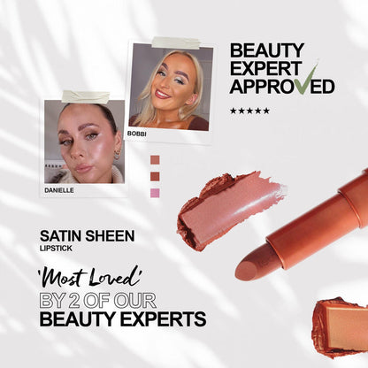 Technic Satin Sheen Lipstick promotional graphic with models and terracotta swatches
