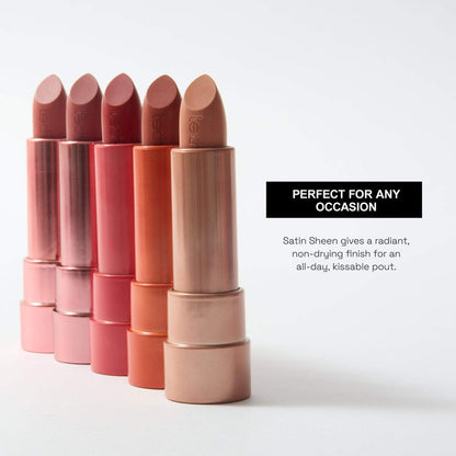 All the shades of lipstick in a diagonal row with text saying "perfect for any occasion".