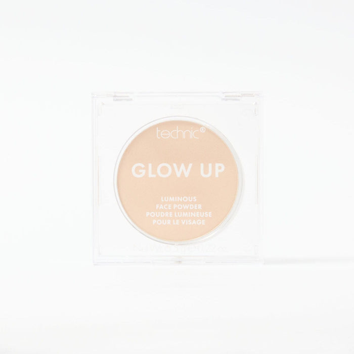 A glow up luminous face powder in the shade Light on a white background.