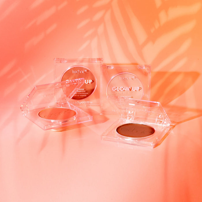 All 4 shades of the luminous face powder displayed on a sunset coloured background.