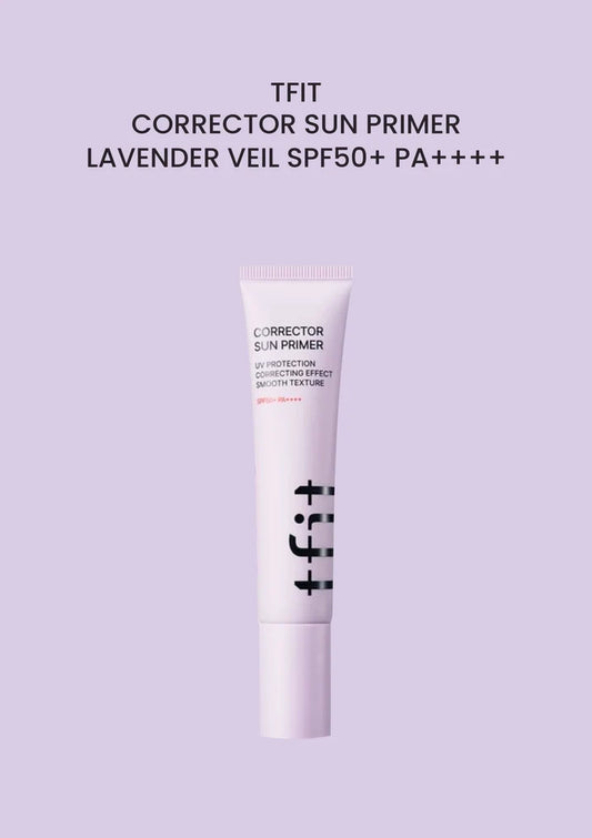 TFIT CORRECTOR SUN PRIMER LAVENDER VEIL SPF50+ PA++++ on a solid lavender background