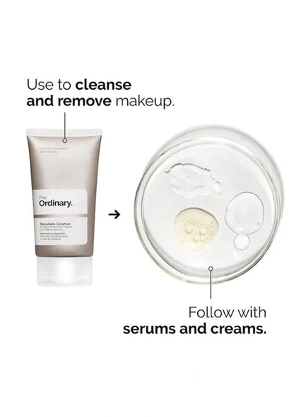 Skincare product with text indicating use for cleansing and removing makeup, followed by serums and creams. Close-up of a person's face with text indicating product features on a beige background