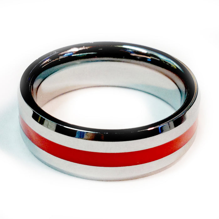 Thin Red Line Firefighter Ring - Silver Tungsten Carbide 7 mm width