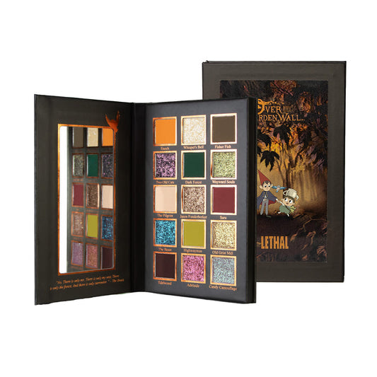 Over the Garden Wall eyeshadow palette shown open, featuring multiple autumn colored eyeshadow pans, a mirror on the left, and the closed palette standing behind it.