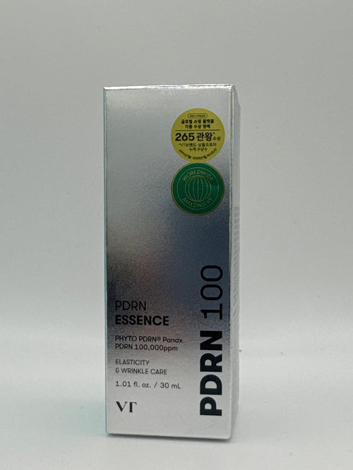 VT PDRN Essence 100 30 ml silver box, front view showing PHYTO PDRN Panax and elasticity and wrinkle care labeling.