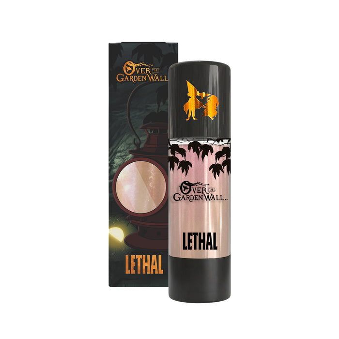 An airless pump of body oil for Over the Garden Wall with the outside packaging in the background. The colour of the product is iridescent pink and gold.